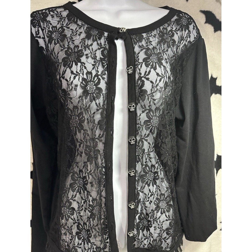 Adorable Lace Cardigan XLG with Libre Mask Embellishments Button Up Black  Goth
